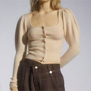 NWT Urban Outfitters UO Ashley Puff-Sleeve Cardigan Neutral Cream Sweater Small